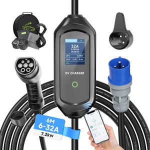 7.2kW Type 2 Charging Cable, 6/8/10/13/16/20/24/32A Adjustable Current, Charging Cable Electric car Type 2, EV Charger with Bag, 6M