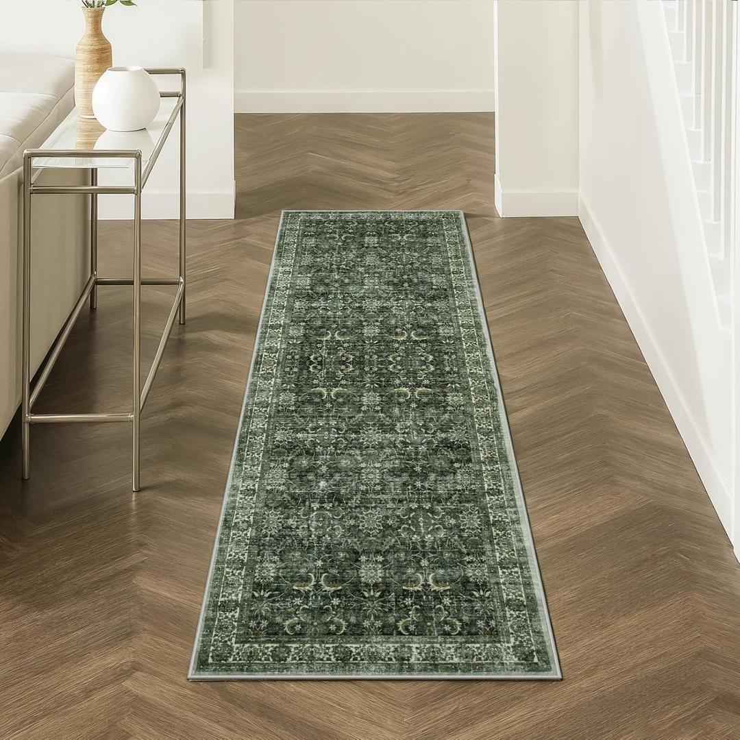 Anidaroel Runners for Hallways 2x6 Non Slip, Washable Kitchen Runner Rug, Vintage Boho Runner Rug, Soft Indoor Throw Carpet Runners for Laundry Room Entryway, Dark Green