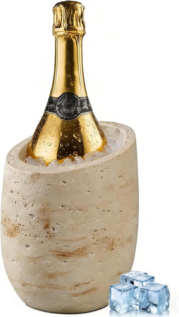 Natural Travertine Textures Wine Chiller Bucket – 750ml Resin Cooler for Wine & Champagne Bottles, Party Bar Cart Decor – Keeps Drinks Cold, Unique Gift for Wine Lovers, Housewarming (Beige)