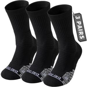 Compression Running Socks 3-Pack for Men, Cushioned Crew Anti-Blister & Moisture Wicking for Basketball Hiking socks (Black, 7-10 )