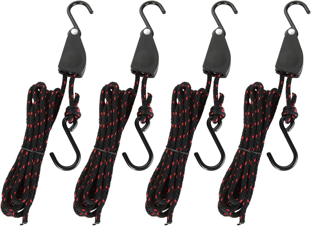 DAJAVE 4 Pack Kayak Rope Tie Downs, 1/4" x 11.8ft Kayak Ratchet Tie Downs Canoe Bow and Stern Tie Down Straps, Heavy Duty Adjustable Rope Clip Tie Down Kayak and Canoe Accessories