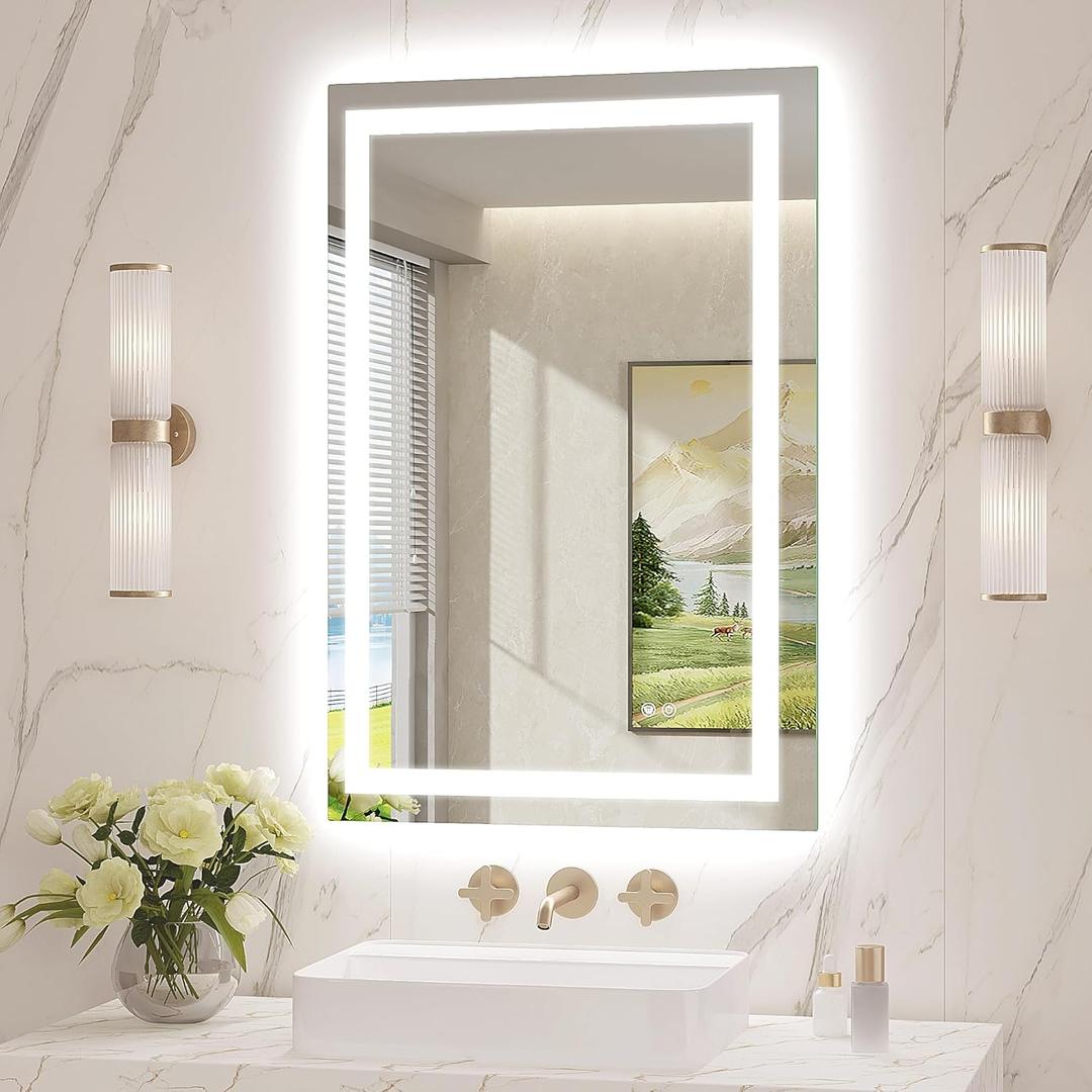 LED Mirror for Bathroom 24x36 Lighted Bathroom Vanity Mirrors with Lights, Brighter Frontlit and Backlit Anti-Fog Mirror, Tempered Glass, Dimmable 3 Colors Light Modes, Memory Function (Lucency)