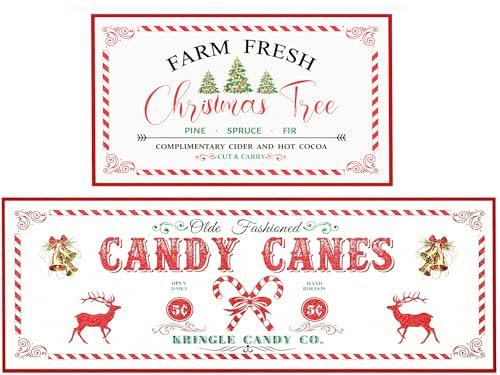 Christmas Farmhouse Kitchen Rugs, Thick Xmas Kitchen Mats Set of 2 for Christmas Decor Non-Slip Washable Old Fashion Holiday Kitchen Rugs with Candy Canes Carpet Winter Bathroom Doorway -17x28x17x47