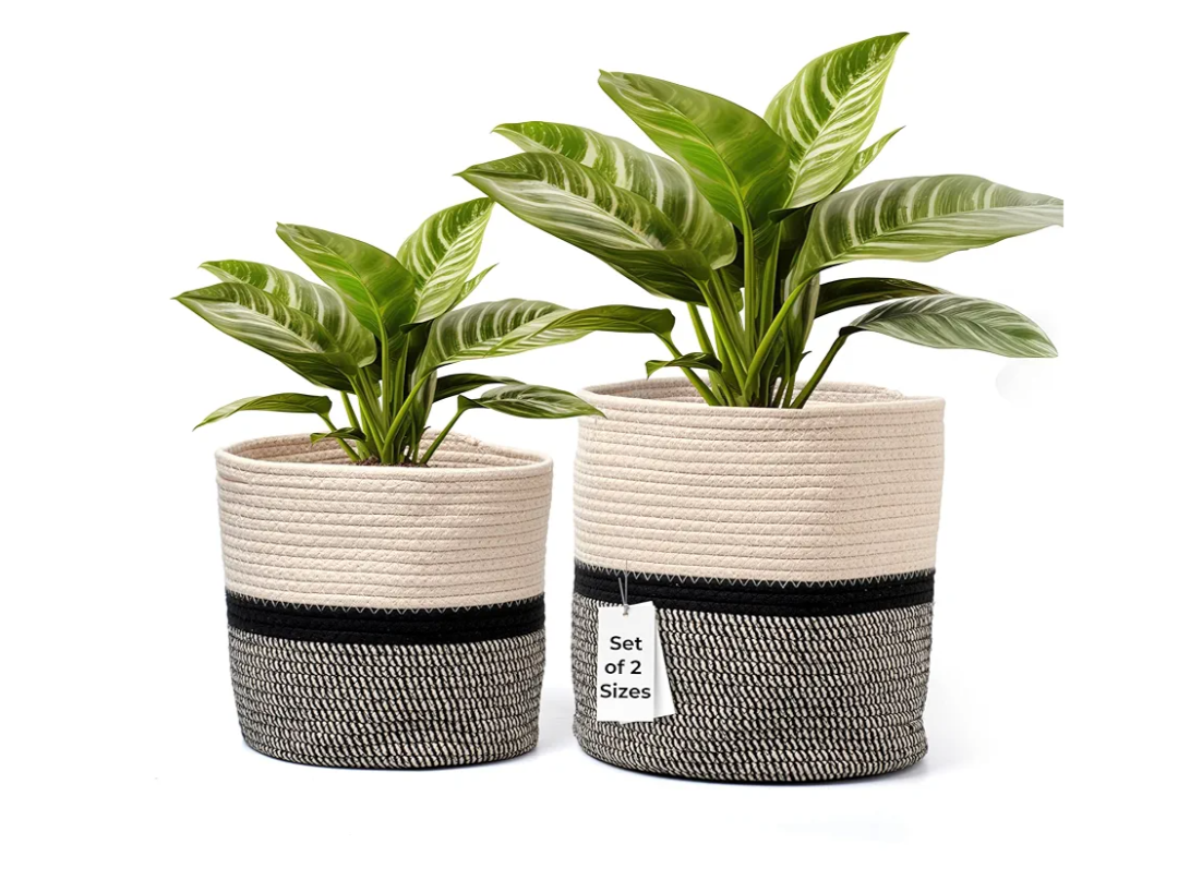 Hallops Woven Planter Basket - Indoor Plant Basket for Flowers Herbs Succulents - Multi-Use Storage Organizer - Set of 2 - Black & Light Brown - Stylish and Versatile Design