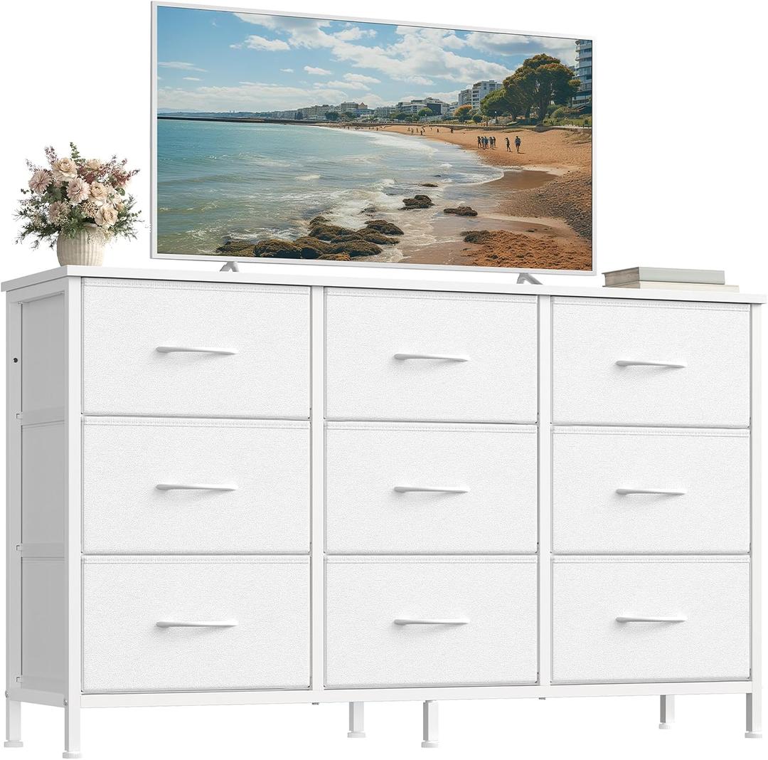 SONGMICS BELLAH Collection - Dresser for Bedroom, TV Stand for TVs Up to 55 Inches, Chest of Drawers for Living Room, Closet, Steel, 9 Drawers, Modern, Cloud White ULGS033WH02S