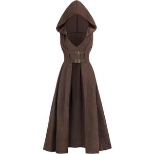 Nuoqi Renaissance Costume Women Pirate Peasant Corset Hoodie Dress with Pockets (Medium, Brown)