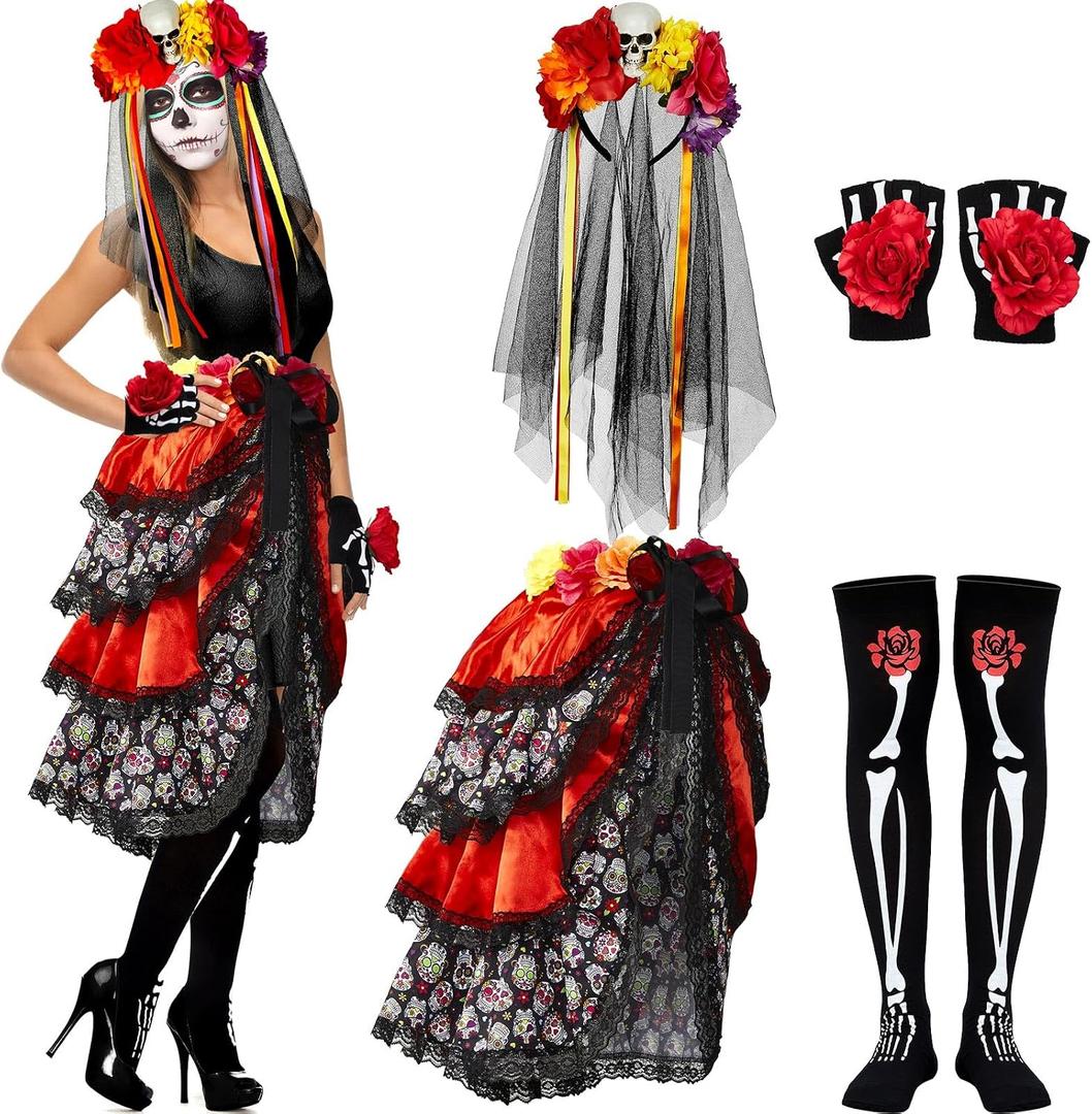 Hercicy 4 Pcs Halloween Day of The Dead Costum for Women Skeleton Mexican Lady Skull Outfit Dress Headpiece Glove Sock (Black, L)
