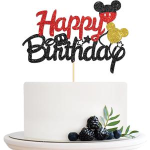 Cartoon Mouse Happy Birthday Cake Topper, Children Boys Girls Birthday Cake Topper, Baby Shower Baby Birthday Party Cake Decorations, Black Glitter
