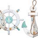 Meching 2 Pack 11" Nautical Beach Wooden Ship Wheel and 13" Wood Anchor with Rope Nautical Boat Steering Wheel Rudder Anchor Wall Decor Door Hanging Ornament Beach Theme Home Decoration(White&Green) (5)