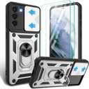 Gritup for Samsung Galaxy S21 Case with Slide Camera Cover & [HD Screen Protector×2],360°Rotation Ring Kickstand [Military Grade],Silver