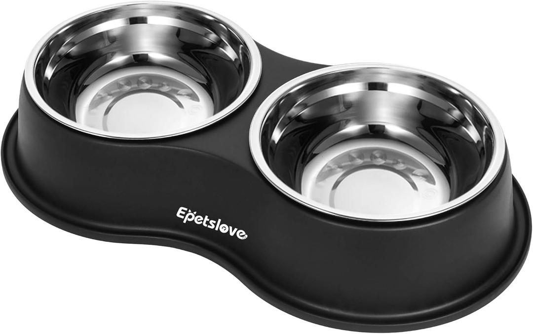 Epetslove Dog Bowls Double Dog Water and Food Bowl Stainless Steel Bowl with Non-Slip Resin Station, Pet Feeder Bowls for Puppy, Medium Dogs, Cats (Black)