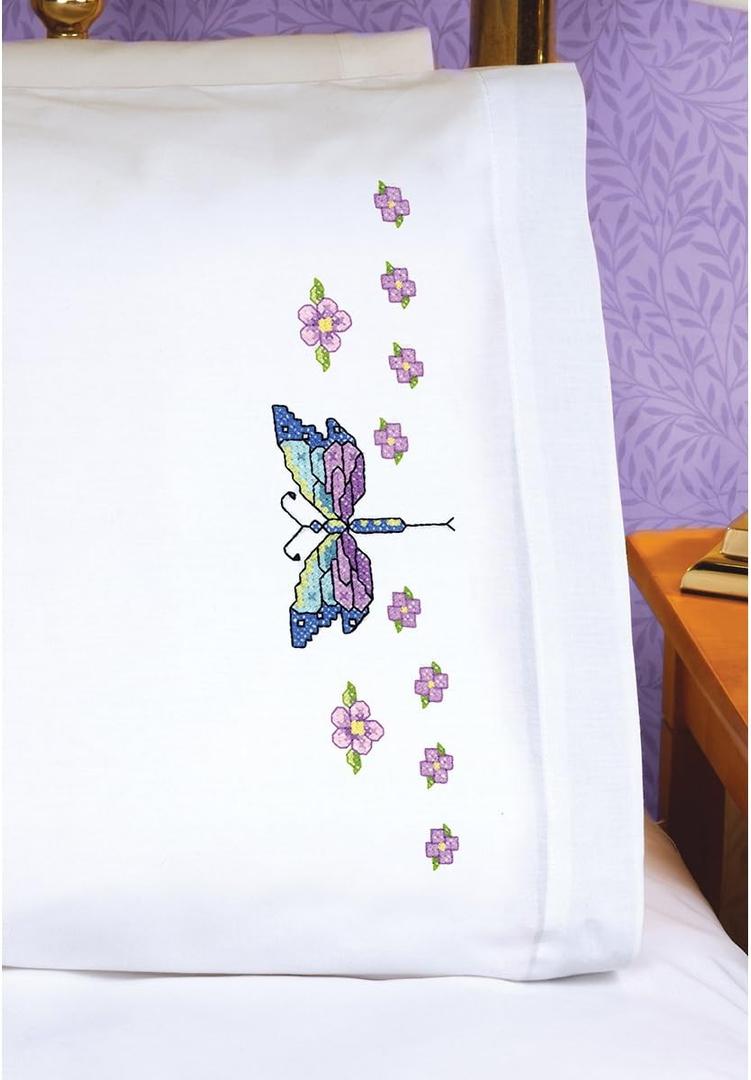 Janlynn Dragonfly Pillowcase Pair Stamped Cross Stitch, 20 by 30-Inch, White