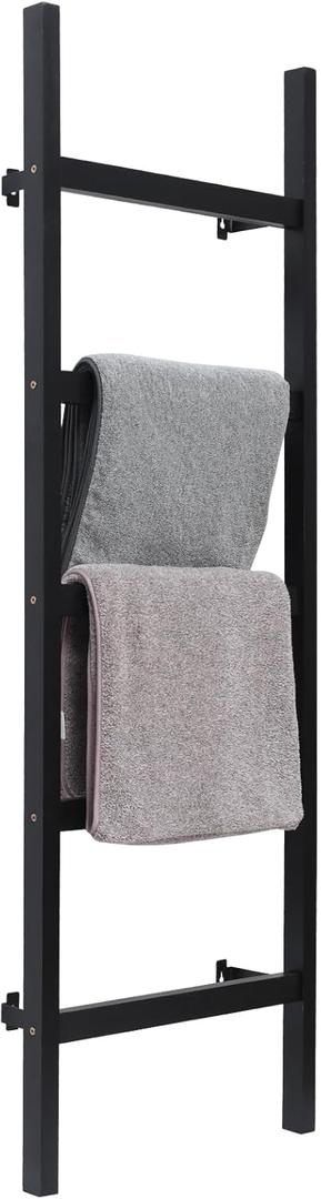 FUIN 57in Wall Mounted Wooden Blanket Ladder Living Room Decorative Farmhouse Quilt Display Holder Rustic Wood Towel Rack for Bathroom, Black
