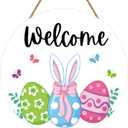 YUNKKIN Easter Wreath Easter Door Decorations Cute Eggs Bunny Ears Hanging Sign Butterfly Wooden Wreaths for Front Door Hanger Welcome Sign for Porch Wall Indoor Home Decor