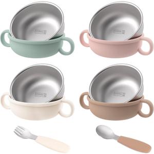 Stainless Steel Baby Bowls, 8.5fl Oz Kids Bowl with Anti-scald Removable Silicone Shell, BPA Free Baby Feeding Bowls with Fork Spoon for Snacks, Ice Cream, Cereal, Soup, Fruit (4 Colors)