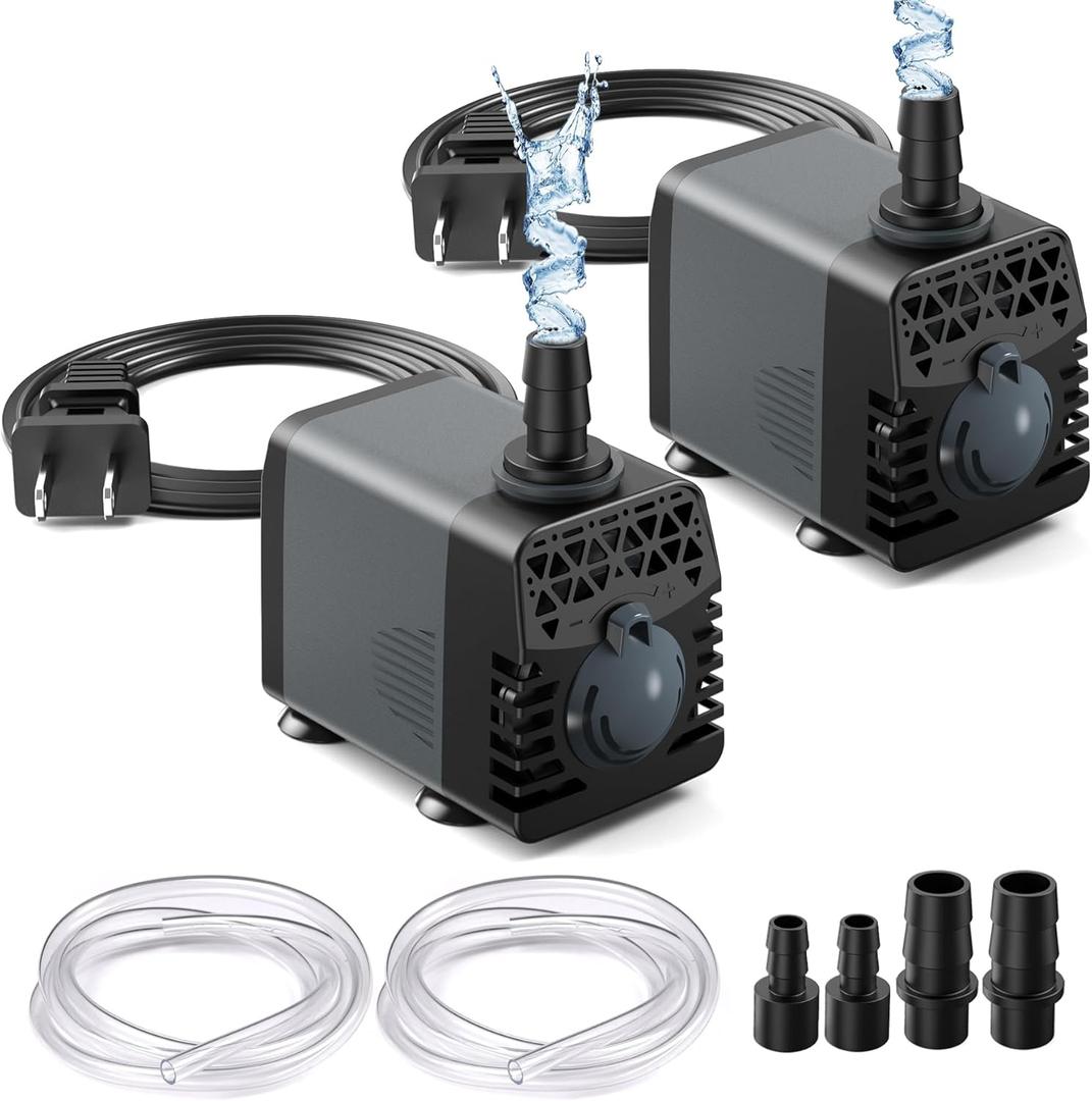 Ankway Fountain Pump, 2 Pack 160GPH (600L/H, 10W) Submersible Water Pump with 3.3ft Tubing, Ultra Quiet Pond Pumps for Outdoor, Aquarium, Fish Tank, Pool, Hydroponics, Statuary, Water Fountain