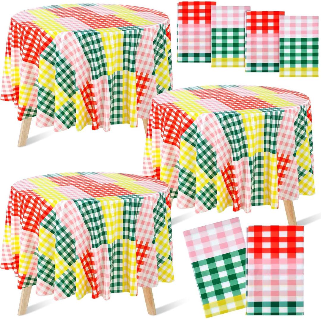 Ganeen 6 Pcs Gingham Checkered Tablecloth Camp Bachelorette Party Decorations Supplies 84 Inch Plastic Round Table Covers Gingham Checkered Tablecloth for Birthday Picnic Bridal Baby Shower Outdoor (Multi Color)