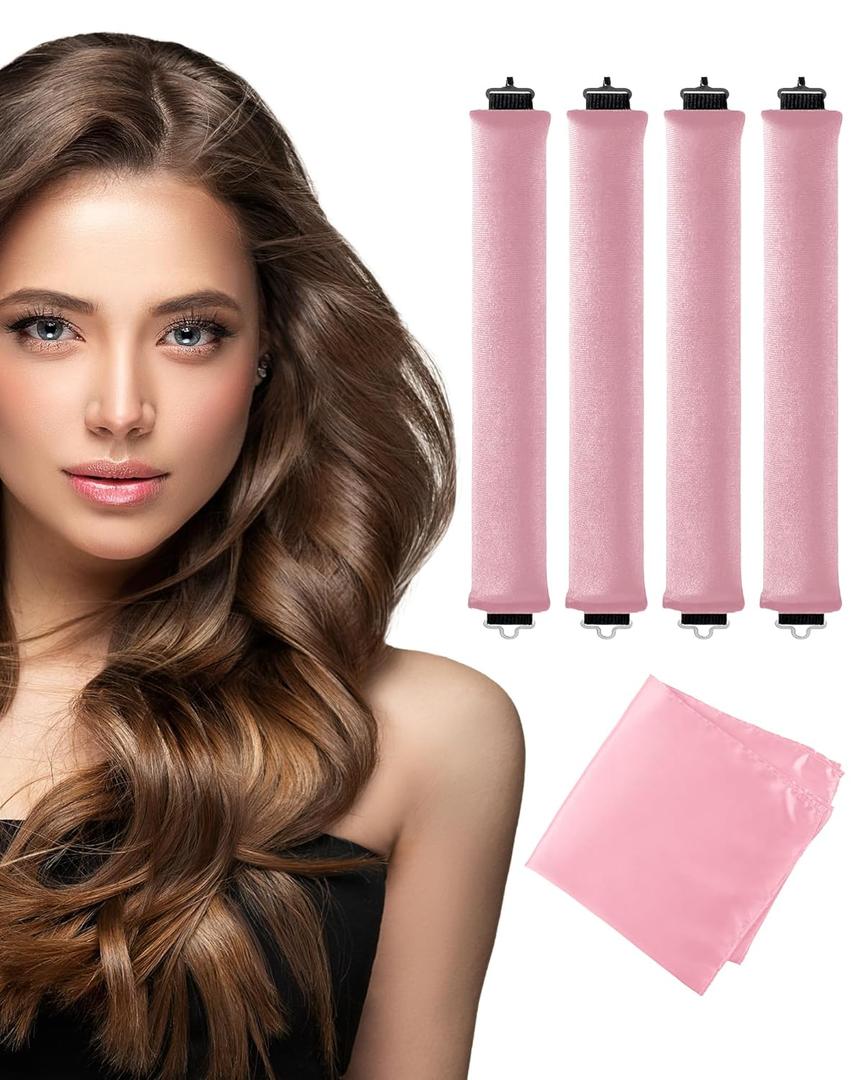 Heatless Curls Overnight with Satin Head Scarf, Velvet Hair Rollers for Blowout Look, No Heat Curling Rod for Long Thick Hair, Soft Sleep In Flexi Rods (Pink)
