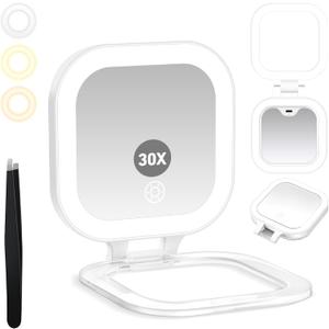 Travel Mirror with Light, 1x/30x Magnifying Mirror with 3 Color Lights and Adjustable Brightness, 4.5x3.9 inch Small Compact Hangable Hand Pocket 3 Way Mirrors, Comes with Tweezer (White)
