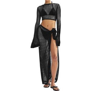 Women's Swimsuits Cover Ups Set for Crochet Bathing Suit Hollow Out 2 Piece Bikini Coverup Beach Swimwear (Black, M)