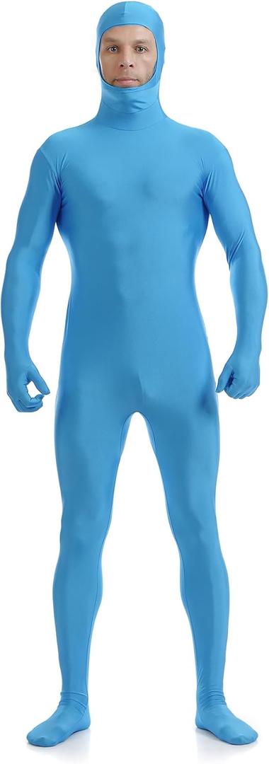 ATHX Men's and Women's Spandex Open Face Bodysuit Costume Adult Stretchy Halloween Cosplay Body Suit Zentai Suit Outfits, Sky Blue, Small
