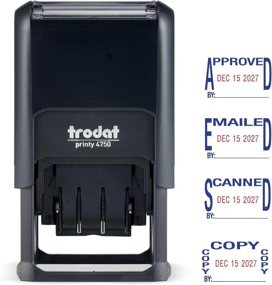 Trodat Printy 4750 Self Inking Date Stamp with Approved, Copy, EMAILED, Scanned  Blue and Red Ink, 1" x 1-5/8"