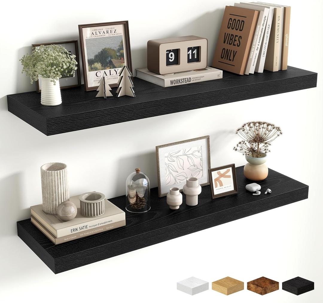 Fun Memories Floating Shelves for Wall 36 Inches, Wood Shelves with Invisible Bracket, 10" Deep Shelves Wall Mounted, Large Wood Floating Shelves for Living Room Bathroom, Black, Set of 2