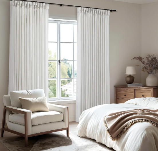 COMON HOME Pleated Linen Curtains 94 Inch Long 2 Panels Set for Living Room Light Filtering Pinch Pleat Curtains with Hooks Boho Farmhouse Custom Semi Sheer Beige White Cream Ivory Window Drapes