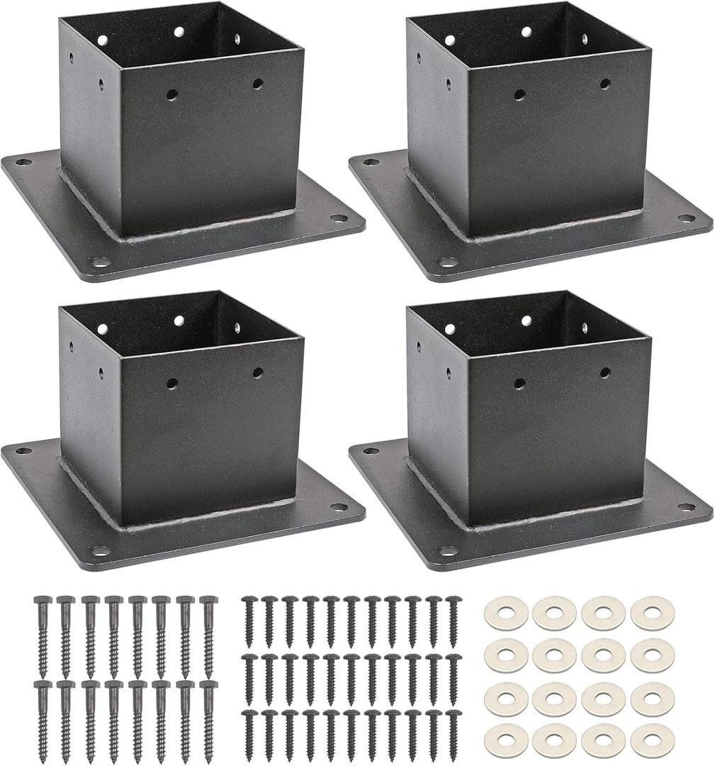 4 Pcs 4x4 Post Base Bracket Anchor Base, Inner Size 3.5"x3.5" Thick Deck Post Brackets Black Powder Coated Heavy Fence Post for Wood Fence, Deck, Pergola and Mailbox Support Brackets