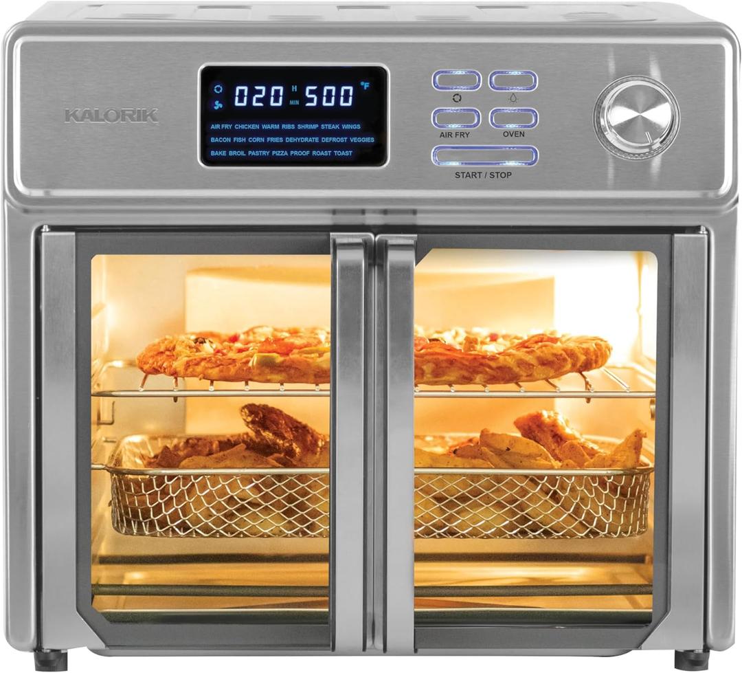 Kalorik MAXX Air Fryer Oven, 26 Quart 10-in-1 Countertop Toaster Oven & Air Fryer Combo - Fry, Bake, Roast, Rotisserie, & More, Large Glass French Doors & 9 Accessories, 1700-Watts, Stainless Steel