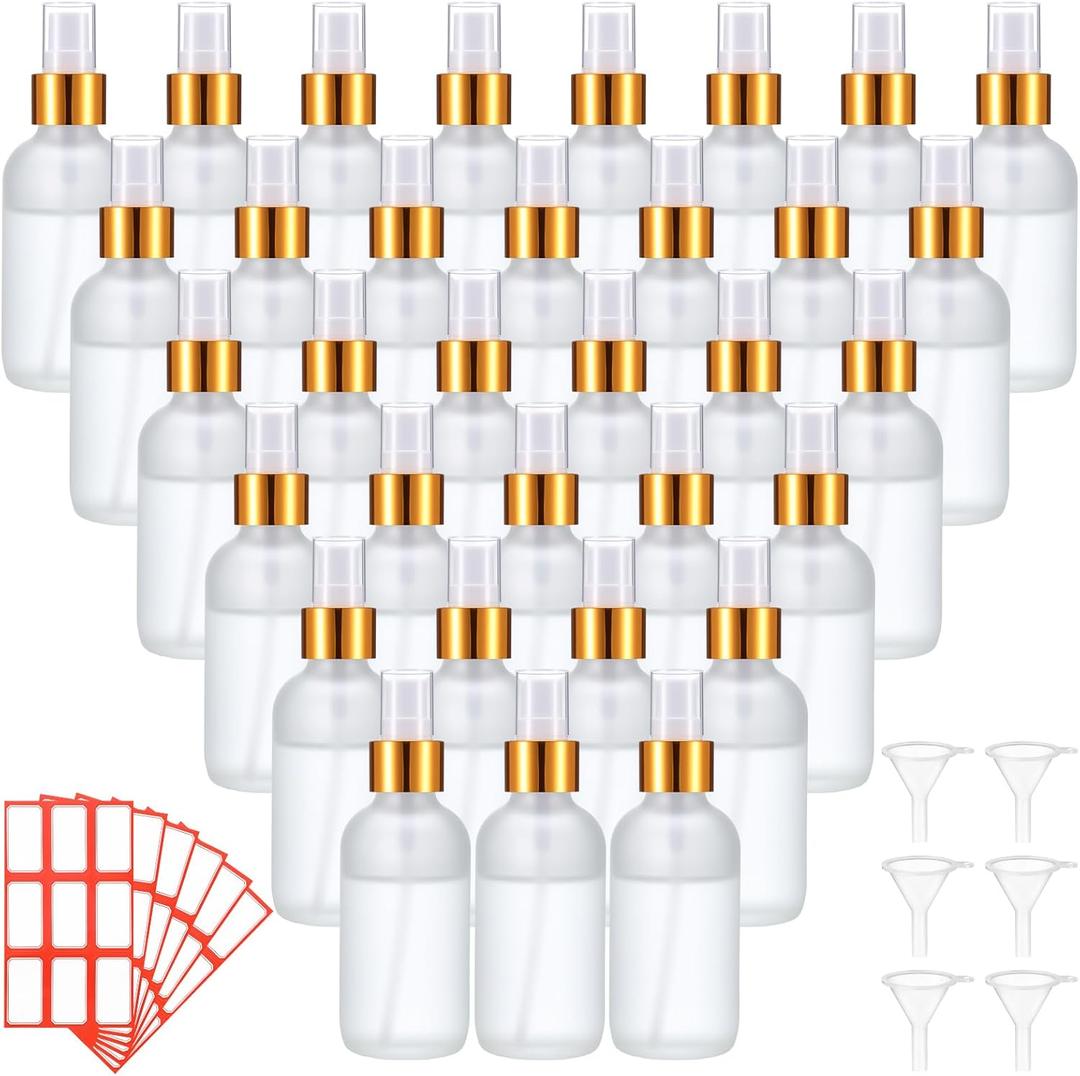 Fumete 36 Pcs Glass Spray Bottles 4oz Fine Mist Glass Spray Bottle Refillable Liquid Containers with 6 Labels 6 Funnel for Hair Travel Plants Cleaning Solutions Skin Care (Clear,Frosted)