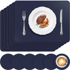 Vinyl Placemats Set of 6, Faux Leather Heat Resistant Kitchen Place Mats, Waterproof Wipeable Dining Table Mats and Coasters for Indoor, Outdoor (Navy Blue)