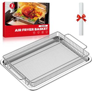 Air Fryer Basket for Oven, Air Fryer Basket and Stainless Steel Baking Tray Pant Oven Air Fryer Pan Rack for Cooking Baking Dishwasher and Broiling (basket/13.9in" * 8.8in" & tray/12.9in" * 9.7in"))
