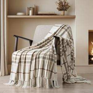 EVERGRACE Plaid Chenille Throw Blanket for Couch, Super Soft Cozy Decorative Farmhouse Plaid Throw with Tassels, Lightweight Chenille Knit Throw for Bed Sofa Gift Home Decor, Beige 50x60 (Plaid Beige & White)