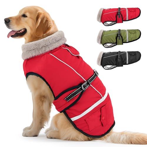Dog Winter Coat Jacket Waterproof for XL Large Dogs, Reflective Pet Vest Warm Fleece Cozy for Cold Weather, Dogs Snowsuit Windproof, Adjustable Buckle