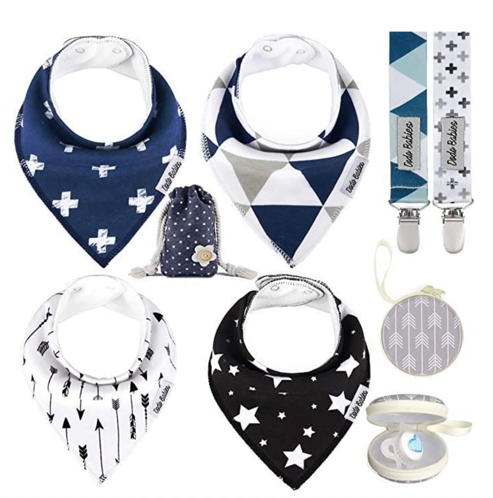 Dodo Babies Baby Bandana Drool Bib Set - 4pc Infant Bibs with 2 Pacifier Clips, Binky Case, Gift-Ready Bag - Soft Absorbent Cotton with Polyester Back - Adjustable Buttons to Fit 3-24 -Month Old Boys