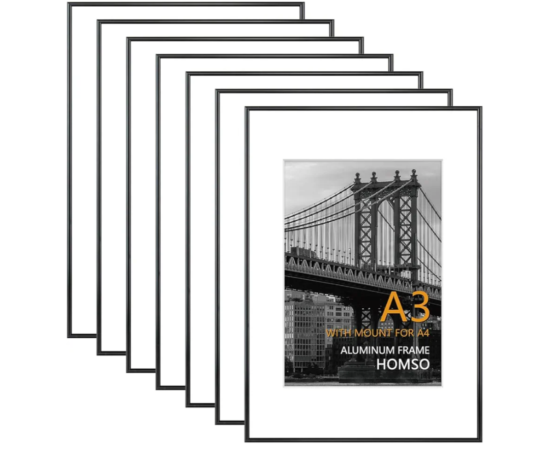 Homso A3 Picture Poster Metal Black Frame Set of 7, Display Pictures 8.3x11.7 Inch with Mat or 11.7x16.5 Inch Without Mat, Thin Edge with Acrylic Plexiglass for Wall Mounting