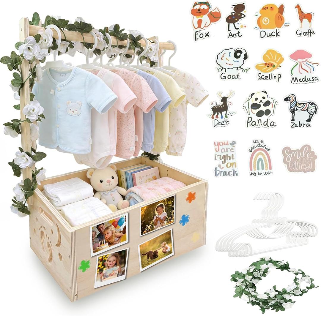 Wooden Baby Shower Crate Personalized Baby Gift Basket for Newborn Boy & Girl, Baby Closet Organizer with Handle, Keepsake Storage Box for New Mom & Parents