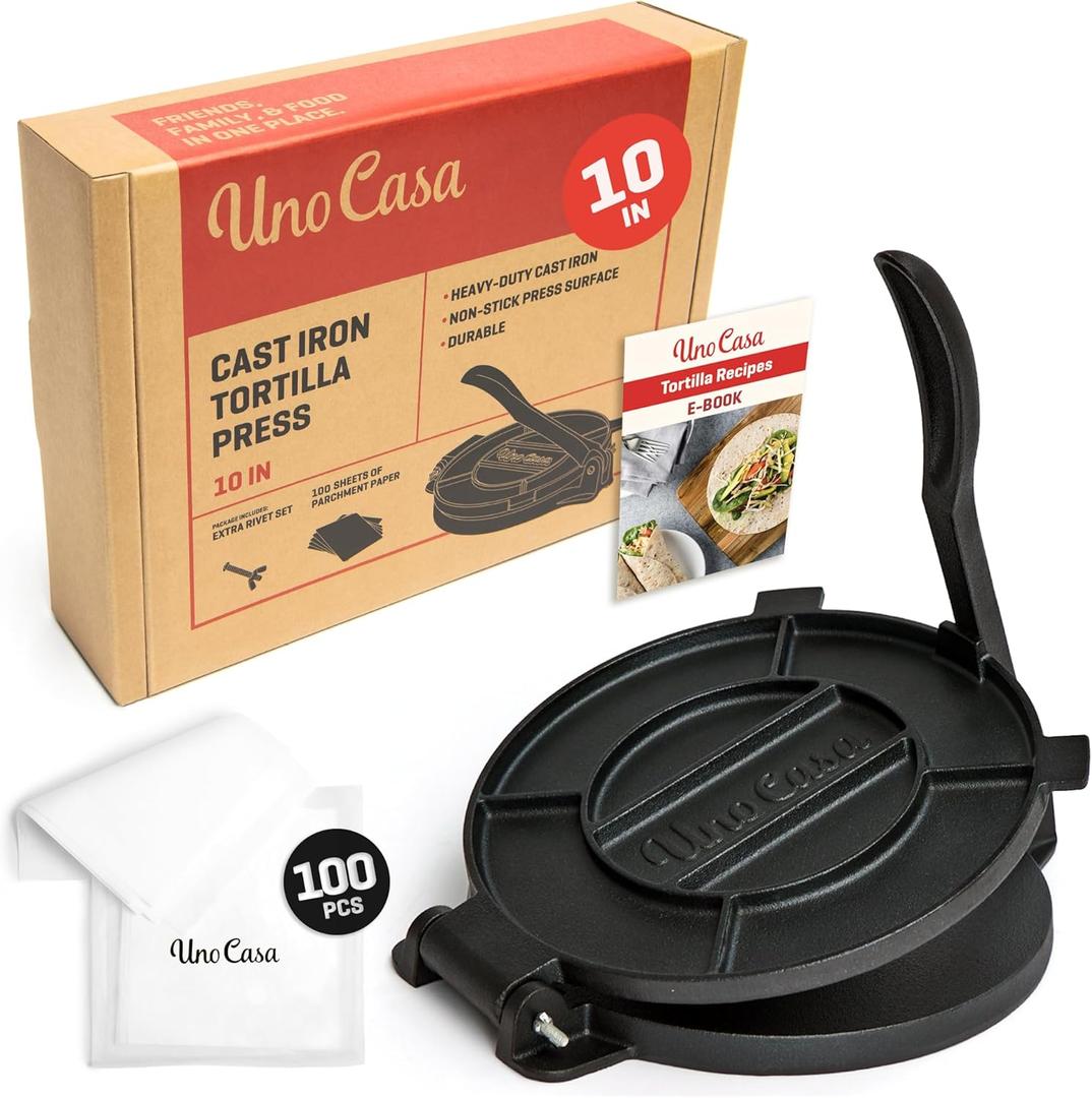 Uno Casa Cast Iron Tortilla Press 10 Inch - Tortilla Maker Press, Pre-Seasoned Roti Maker with 100 Pcs Parchment Paper - Heavy Duty Quesadilla Maker for Homemade Flatbreads, Rotis, Empanadas