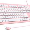 Computer Keyboard Wired, Plug Play USB Keyboard, Low Profile Chiclet Keys, Large Number Pad, Caps Indicators, Foldable Stands, Spill-Resistant, Anti-Wear Letters for PC Laptop (Pink, 1-Pack)