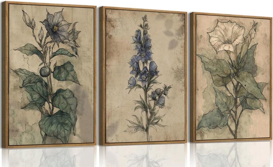 SongZest 3 Piece Vintage Botanical Framed Wall Art Dark Floral Canvas Art Prints Rustic Farmhouse Pictures Wall Decor Gothic Cottagecore Paintings Artwork for Living Room Bedroom Bathroom 12x16in