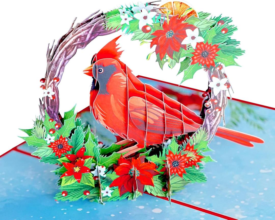 Red Cardinal Wreath Merry Christmas Cards 2025, Pop Up Christmas Cards w Envelope, 3D Xmas Card, Holiday Greeting Card Gifts for Her Him Wife Husband Family Son Mum Dad PQ