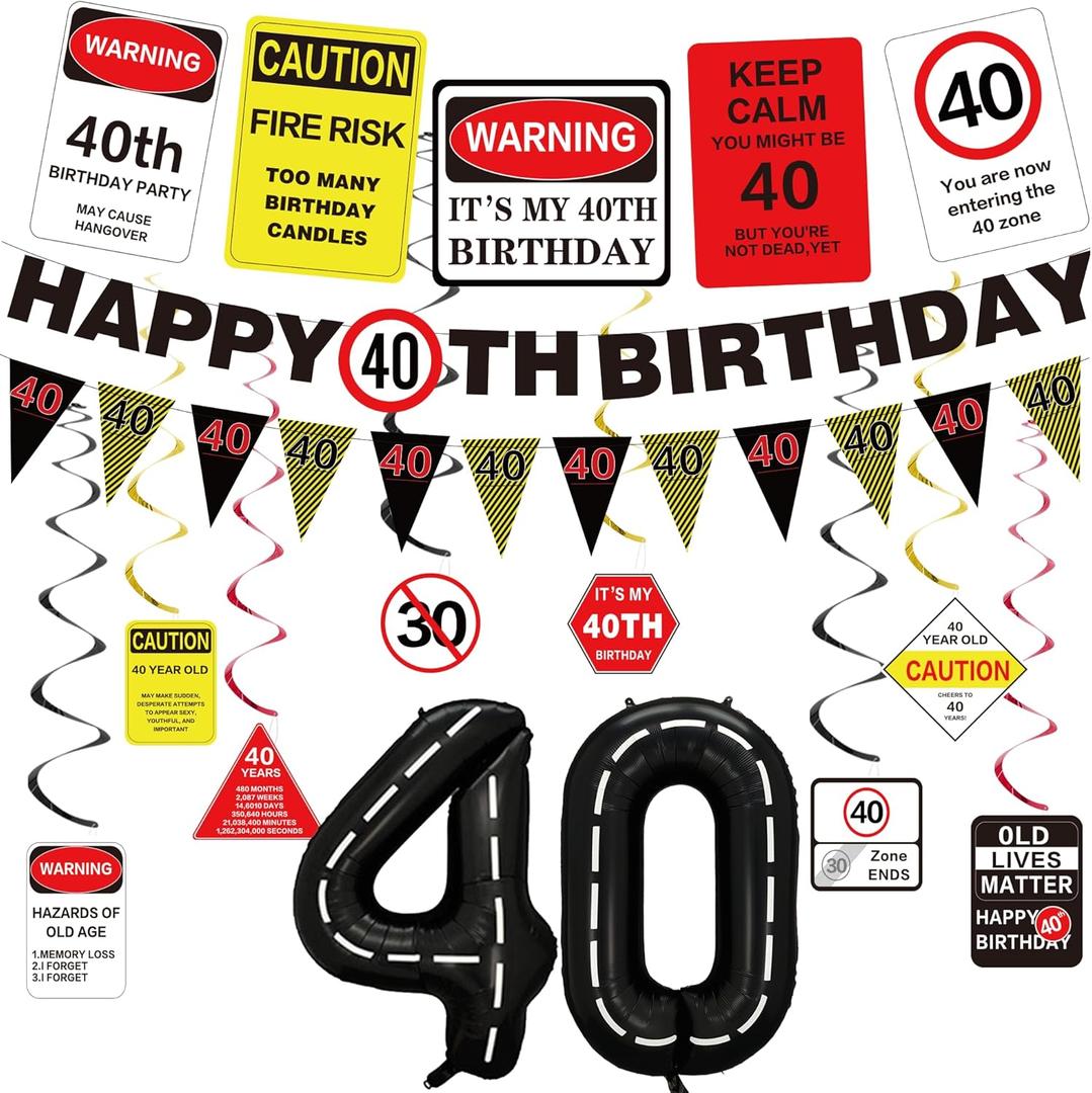 Roetyce 40th Birthday Party Decorations Men Women, Caution Logos Happy 40th Birthday Banner Balloons Hanging Swirls Kit, Funny 40 Years Old Wall Signs for Adults, Black Red 40 Zone Backdrop Decor