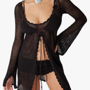 Women Crochet Tunic Beach Cover Up Sexy Front Slit Tie Waist Bikini Bathing Suit Long Sleeve Knit Top Cover Ups S