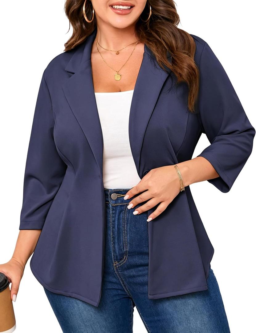 Yesfashion Women's Plus Size Blazer Notched Lapel One-Button 3/4 Sleeve Tailored Jacket for Office & Casual, 4XL