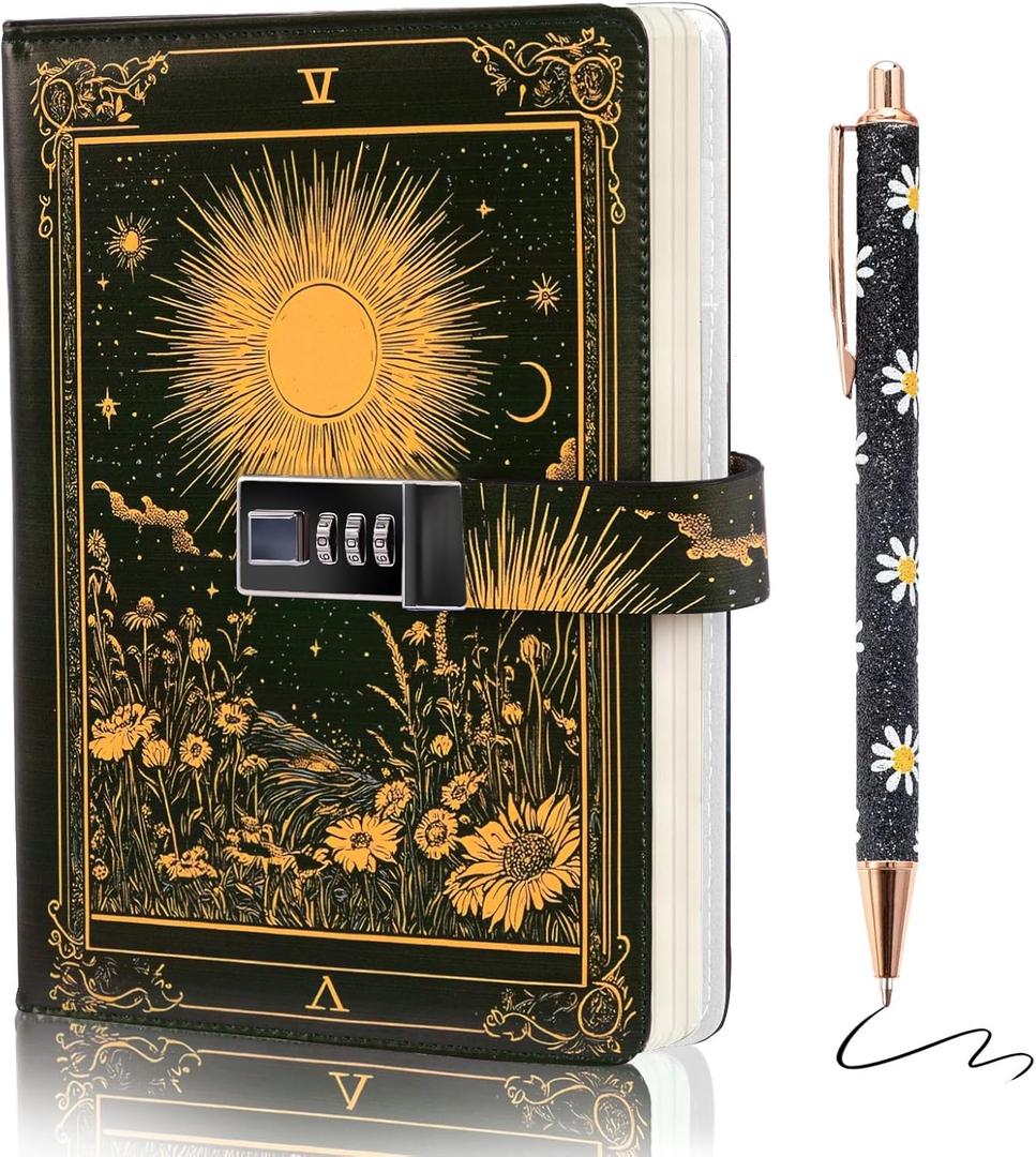 Diary with Lock for Women Girls, A5 192 Pages Vintage Password Journal with Lock, Leather Refillable Notebook with Cute Daisy Ballpoint Pen, Women Diaries for Birthday Gifts (Women A)