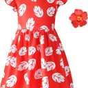 Little Girls Costume Dress with 4inch Hawaiian Red Flower Hair Clip Toddler Red Leaf Dress Halloween Cosplay Outfit (4-5 Years)