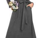 AUSELILY Women's Lace Dress Long Sleeve Maxi 2025 Fall V Neck Wrap Waist Formal Party Long Dresses with Pockets (M)