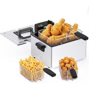 OLIXIS Deep Fryer for Home Use, Large Electric Fryer with 3 Blankets, 5 Liter Capacity, 1800W Power, 4 Adjustable Temp, Lid with Viewing Window for Fried Chicken, Shrimp, French Fries, Silver