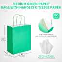 DjinnGlory 50 Pack Medium Size 10''x8''x4'' Green Paper Bags with Handles Bulk and 50 White Tissue Paper for Boutiques, Party Favors Treats Goodies, Christmas Gifts